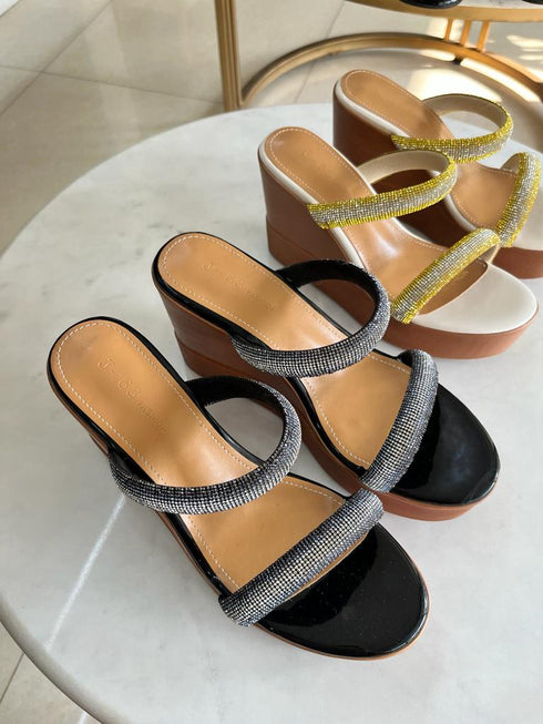 Rhinestone Embedded Double Straps Wedge sandals